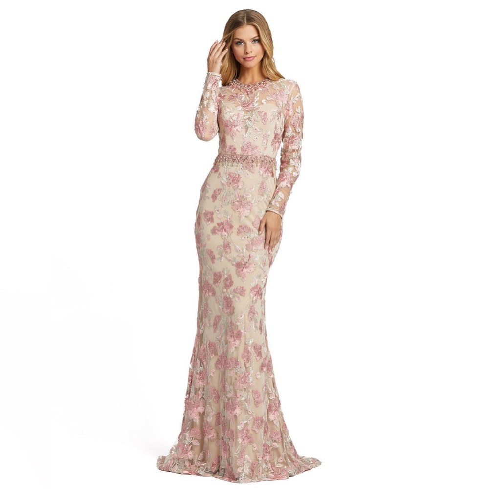 Mac Duggal FLORAL EMBROIDERED ILLUSION LONG SLEEVE TRUMPET
GOWN. Style # 79281